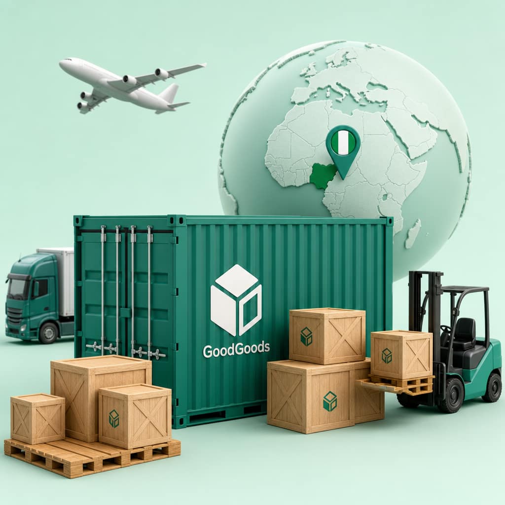 GoodGoods Nigeria-ready logistics stack with branded container and global shipping